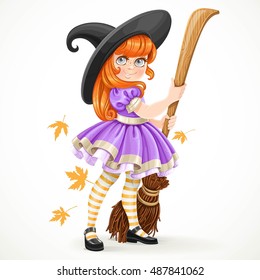 Cute redhead girl dressed as a witch holding a broom for flying  isolated on white background