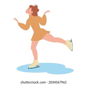 A cute redhead girl with fluttering hair in an orange short dress enjoys ice skating. Vector illustration. Figure skating, winter sports, activity, elegance, an element for New Year and Christmas card