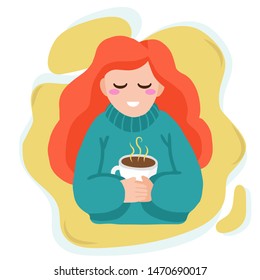 Cute redhead girl in green sweater holding a hot cup of tea or coffee in abstract yellow background. Vector cartoon style