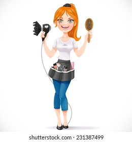 Cute redhead girl hairdresser with hair dryer and hairbrush portrait in full growth isolated on a white background