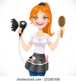 Cute redhead girl hairdresser with hair dryer and hairbrush isolated on a white background