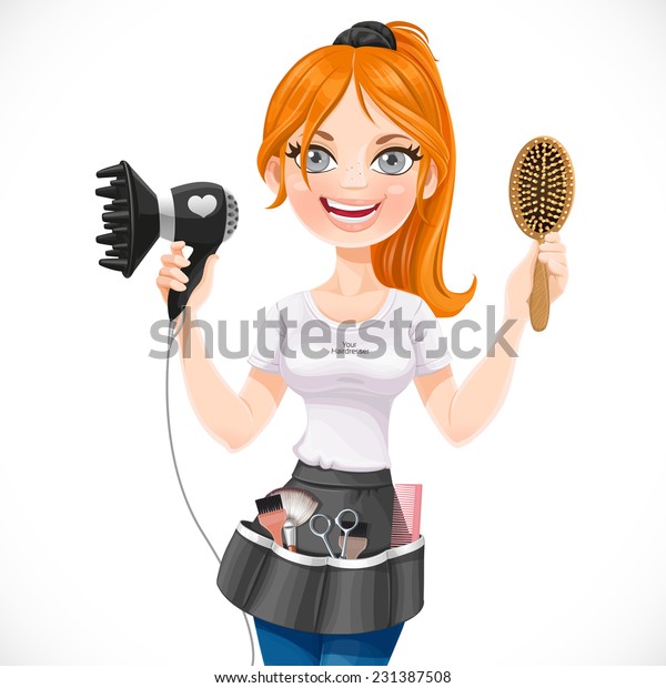 Cute Redhead Girl Hairdresser Hair Dryer Stock Vector Royalty