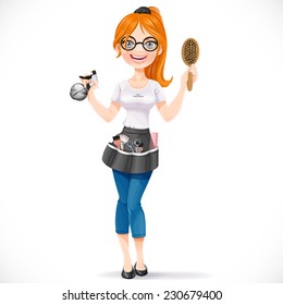 Cute redhead girl hairdresser with spray and hairbrush portrait in full growth isolated on a white background