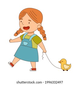 Cute Redhead Girl Pulling Toy Duck by String Having Fun On Her Own Enjoying Childhood Vector Illustration