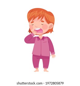 Cute Redhead Girl in Purple Pajamas Yawning Feeling Sleepy Vector Illustration