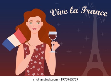 A cute redhead girl smiles, holds the flag of France and a glass of wine. Text "Vive la France". A festive illustration for the French National Celebration on July 14.