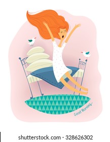 A cute redhead girl wakes up sitting on the lovely bed with a plurality pillows. Vector illustration vintage style.