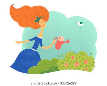 A cute redhead girl waters the roses in her garden. Vector illustration vintage style.