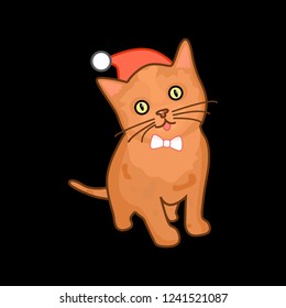 Cute redhead kitten with bow in Santa hat. Idea for New Year