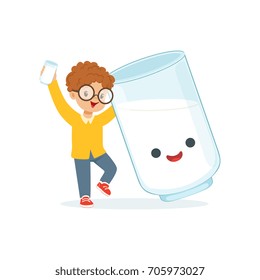 Cute redhead little boy and funny milk glass with smiling human face playing and having fun, healthy childrens food cartoon characters vector Illustration