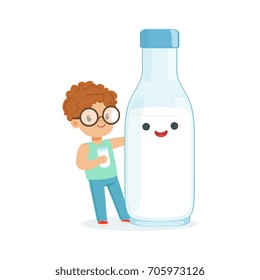 Cute redhead little boy and funny milk bottle with smiling human face playing and having fun, healthy childrens food cartoon characters vector Illustration