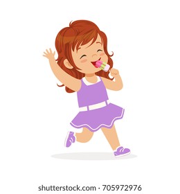Cute redhead little girl character eating ice cream cartoon vector Illustration