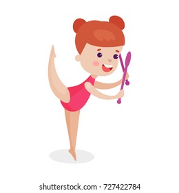 Cute redhead little girl performing gymnastic exercise, young gymnasts doing exercising with clubs colorful vector Illustration