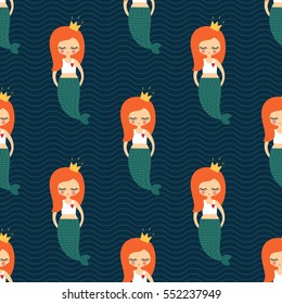 Cute redhead mermaid girl seamless pattern on dark blue waves background. Vector sea background for kids. Design for fabric, textile, decor