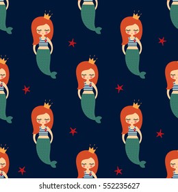 Cute redhead mermaid girl with starfish seamless pattern on dark blue background. Vector sea background for kids. Design for fabric, textile, decor