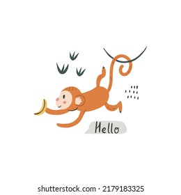 Cute redhead monkey jumping with banana. Vector character in handdrawn style. Card, poster composition design. Kids concept illustration. Hello lettering.