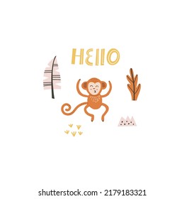 Cute redhead monkey jumping. Vector character in handdrawn style. Card, poster composition design. Kids concept illustration with tropical plants. Hello lettering.