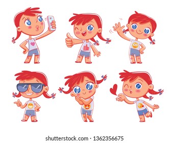 Cute redhead pigtailed girl with different emotions. Emoji Stickers Emotions. Funny cartoon colorful character. Set. Isolated on white background. Vector illustration