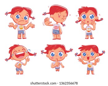 Cute redhead pigtailed girl with different emotions. Emoji Stickers Emotions. Funny cartoon colorful character. Set. Isolated on white background. Vector illustration