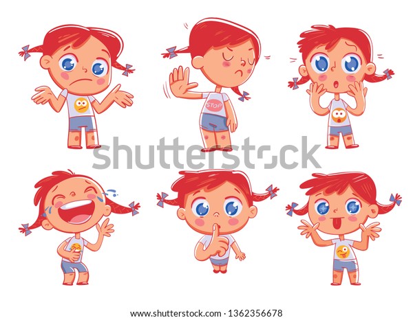 感情の違うかわいい赤毛のかたくな女の子 絵文字のステッカー おかしな漫画のカラフルなキャラクター セット 白い背景に ベクターイラスト のベクター画像素材 ロイヤリティフリー