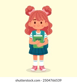 Cute redhead schoolgirl with book and backpack. Vector illustration