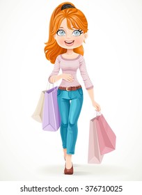 Cute redhead shopaholic girl goes with paper bags in hands isolated on a white background