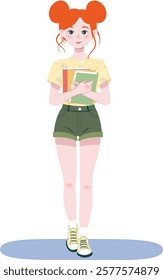 Cute Redhead Student Girl Holding Books - Flat Illustration