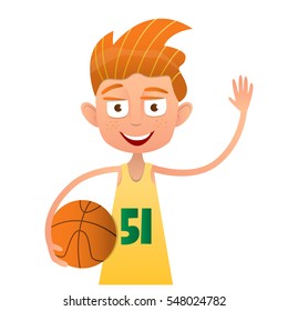 Cute redhead teenager boy with black basketball player with a ball waving