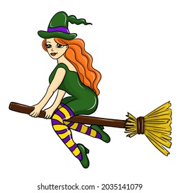 cute redhead witch flying on a broomstick, cartoon halloween character, vector illustration