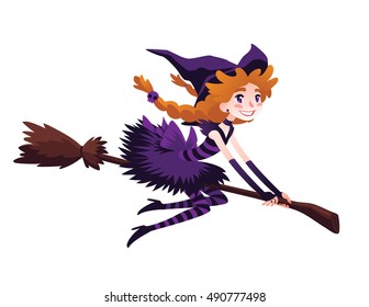 Cute redhead witch flying on a broom and smiling isolated on a white background. Element for your design, prints and greeting card.