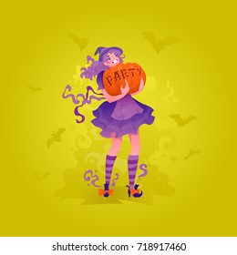 Cute redhead witch girl carrying pumpkin with party word carved.