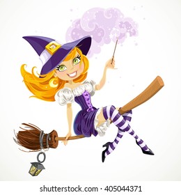 Cute redhead witch with magic wand flying on a broom isolated on a white background