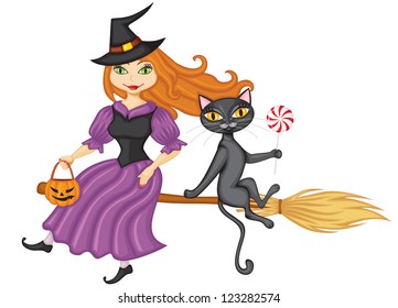 Cute redhead witch with a pumpkin-lantern and a black cat with a candy leg flying on a broom