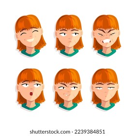 Cute Redhead Woman Head with Different Facial Expression Vector Set