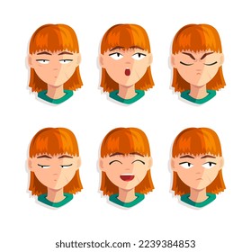 Cute Redhead Woman Head with Different Facial Expression Vector Set