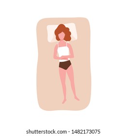 Cute redhead woman sleeping on her back. Female character napping or relaxing during night slumber on comfortable bed. Lazy young girl dozing on mattress. Top view. Flat cartoon vector illustration.