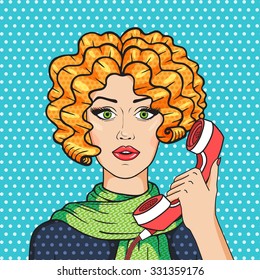 Cute redhead woman talking on the phone pop art comic style vector illustration, vintage redhead girl in green scarf.