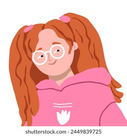 Cute redheaded girl character in glasses, face portrait. Adorable Preschooler. Cute smiling preschooler child with two tails. Flat vector illustration on white background.