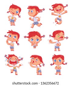 Cute red-headed pigtailed girl with different emotions. Emoji Stickers Emotions. Funny cartoon colorful character. Set Stickers for online communication, networking, social media chat, mobile message