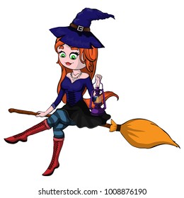 Cute redheaded witch flying on a broom isolated on a white background