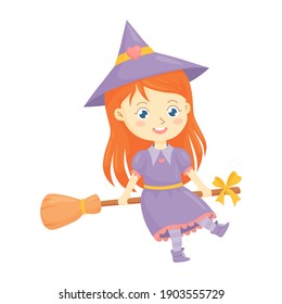 Cute redheaded witch flying on a broomstick. Happy little girl witch sitting on magic broom. Fairytale cartoon character for Halloween holiday, kids cards. Vector illustration isolated on white