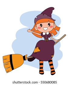 Cute redheaded witch flying on a broom over blue sky. Halloween theme