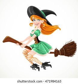 Cute redheaded witch in green dress flying on a broom isolated on a white background