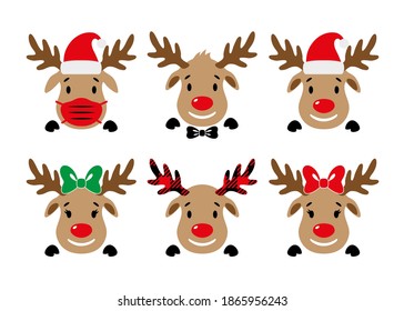 Cute red-nosed reindeer with face mask, Santa hat, bow. Deer face. Vector illustration