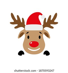 Cute red-nosed reindeer with Santa hat. Deer face. Vector illustration