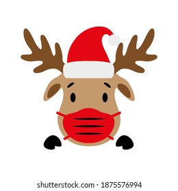 Cute red-nosed reindeer with Santa hat and face mask . Deer face. Vector illustration