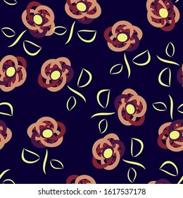 Cute red-pink flowers with yellow leaves are randomly arranged on a black background. Abstract floral seamless pattern. vector