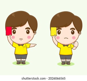 cute referee football player holding red and yellow card chibi character illustration