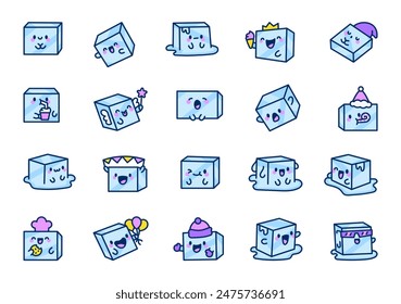 Cubo de hielo refrescante lindo. Adorable personaje de dibujos animados. Estilo dibujado a mano. Dibujo de Vector. Colección de Elementos de diseño.