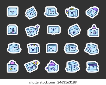 Cute refreshing ice cube. Sticker Bookmark. Adorable cartoon character. Hand drawn style. Vector drawing. Collection of design elements.